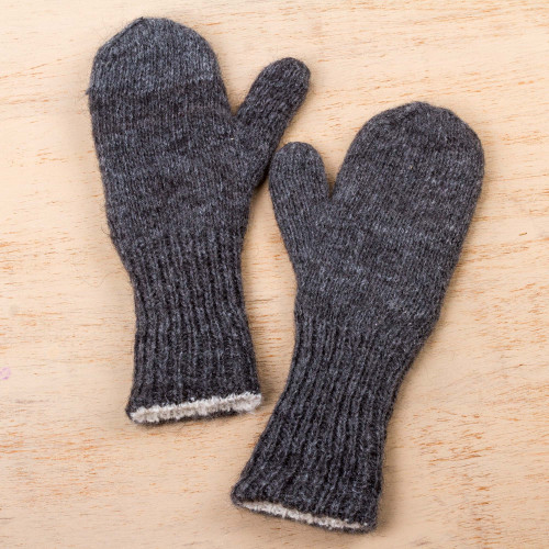Hand Crafted Grey and White 100 Alpaca Reversible Mittens 'Grey Skies'
