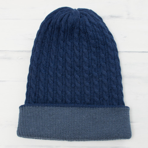 Men's Alpaca Blend Knit Hat in Azure from Peru 'The Bells of Huancayo in Azure'