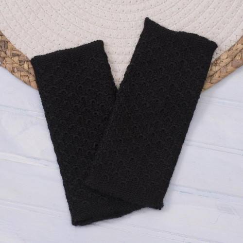 Patterned 100 Baby Alpaca Fingerless Mitts in Black 'Passionate Pattern in Black'
