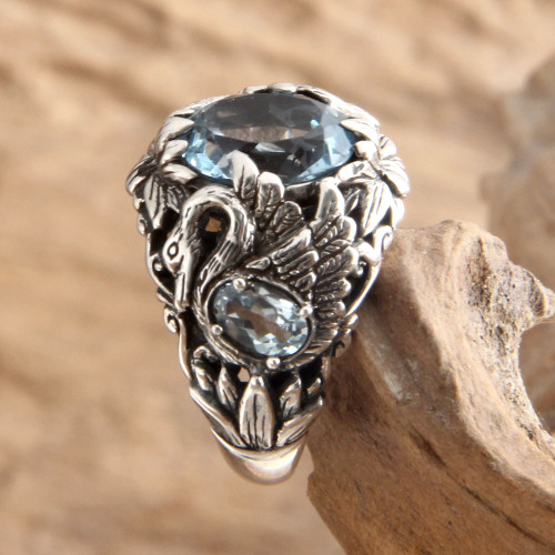 Sterling Silver and Blue Topaz Cocktail Ring 'Dancing Swan'