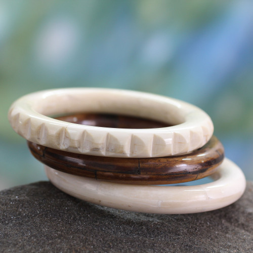 Bangle Bracelets Carved by Hand from Bone Set of 3 'Delhi Harmony'