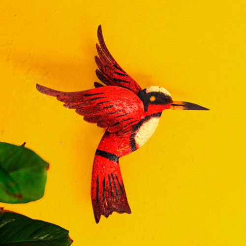 Unique Red Bird Wall Art Steel Sculpture from Mexico 'Little Ruby Hummingbird'