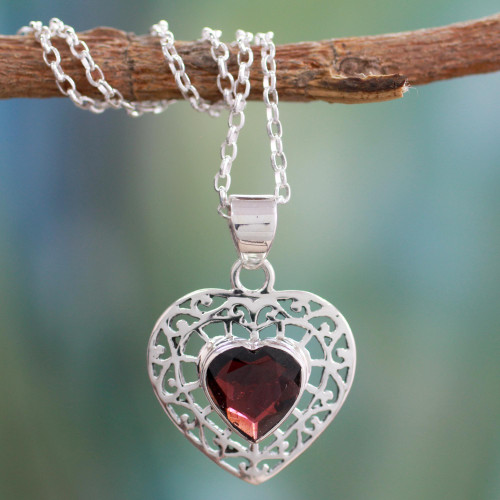 Garnet and Silver Heart Pendant Necklace 'Mughal Romance'