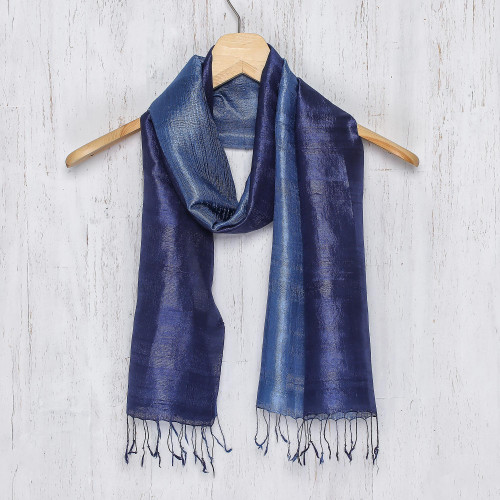 Handcrafted Batik Silk Scarf 'Bluebell Duality'