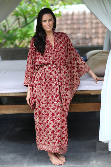 Red Hand Crafted Batik Robe from Indonesia 'Ruby Red Nebula'