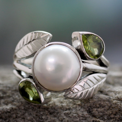 Pearl and Peridot Cocktail Ring from India Jewelry 'Mumbai Romance'