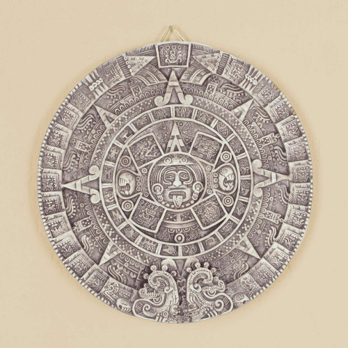 Ceramic Wall Plaque Museum Replica Handmade Mexico 'Aztec Calendar in Beige'