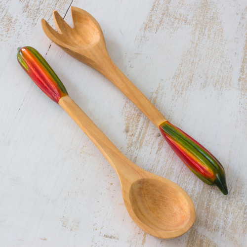 Hand Crafted Wood Salad Serving Set 'Red Chili Pepper'