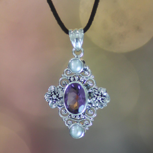 Handcrafted Floral Pearl and Amethyst Silver Necklace 'Frangipani Queen'