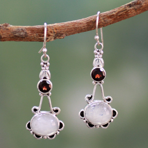 Garnet and Rainbow Moonstone Sterling Silver Earrings 'Fresh Beauty'