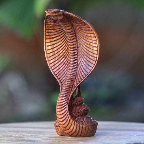 Hand Carved Wood Snake Sculpture 'Cobra'