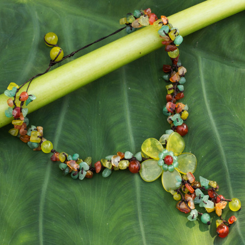Hand Made Floral Carnelian and Serpentine Necklace 'Dazzling Bloom'