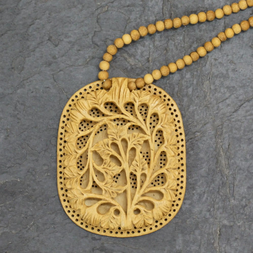Hand Made Indian Floral Wood Pendant Necklace 'Elephant Shadow'