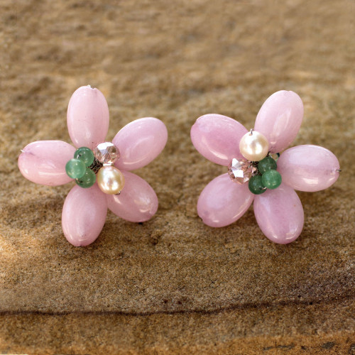 Pink and Green Flower Earrings with Pearl 'Pink Thai Daisy'
