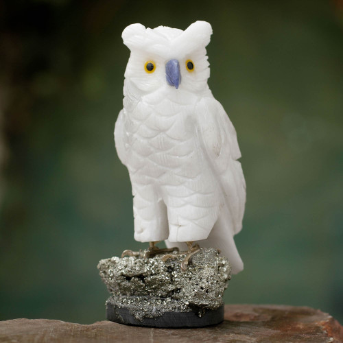 Artisan Crafted Onyx and Pyrite Owl Sculpture 'Vigilant Owl'