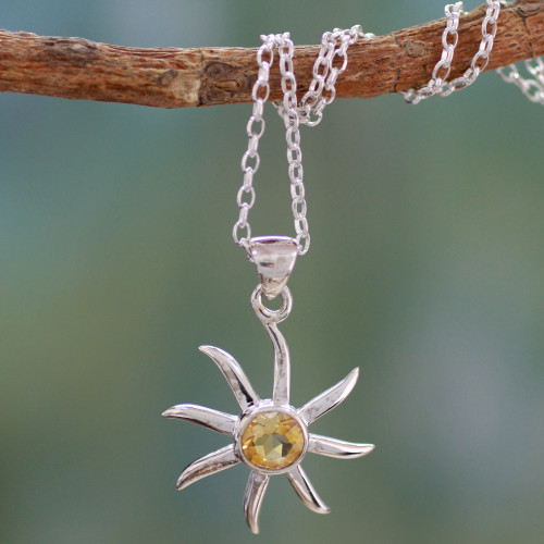 Citrine and Sterling Silver Necklace from India Jewelry 'Golden Sun'