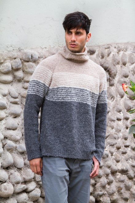 Men's Baby Alpaca Grey and White Turtleneck 'Signs of the Earth'
