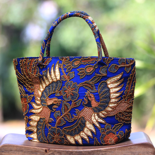 Beaded Blue Cotton Batik Handbag Hand Crafted in Bali 'Glorious Java'