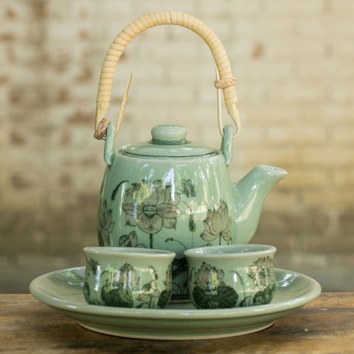 Celadon Ceramic Tea Set for 2 'Pink Lotus Butterflies'