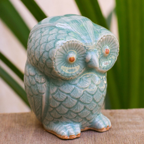 Blue Celadon Ceramic Owl Figurine 'Little Blue Owl'