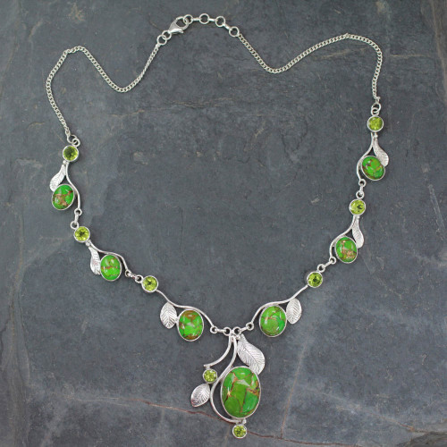 Green Turquoise and Peridot Handmade Necklace from India 'Dew Blossom'