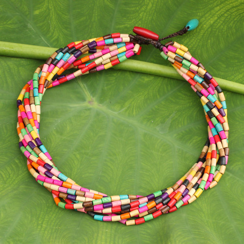 Artisan Crafted Wood Beaded Necklace in Rainbow Colors 'Phuket Belle'