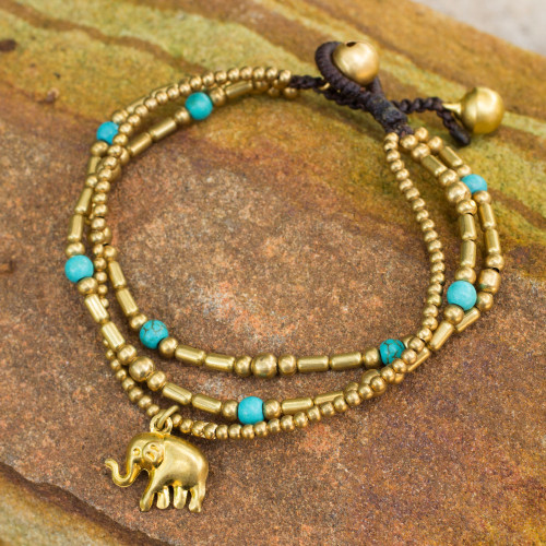 Brass Bracelet Turquoise-color Gems Beaded Jewelry 'Thai Elephant Charm'