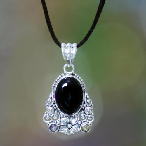 Onyx Amethyst Citrine and Sterling Silver Necklace Jewelry 'Empress Garden'