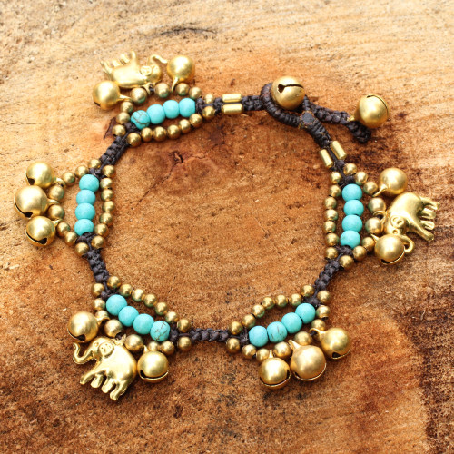 Elephant and Bell Charm Bracelet in Blue Gems and Brass 'Fortune's Blue Melody'
