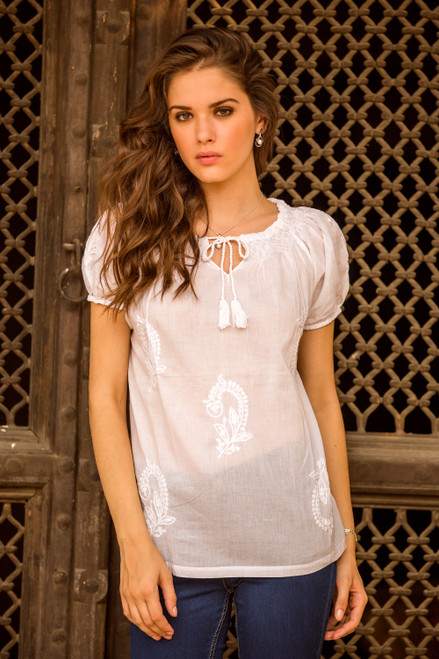 White Cotton Blouse with Lavish Hand Embroidery 'Lily of the Valley'