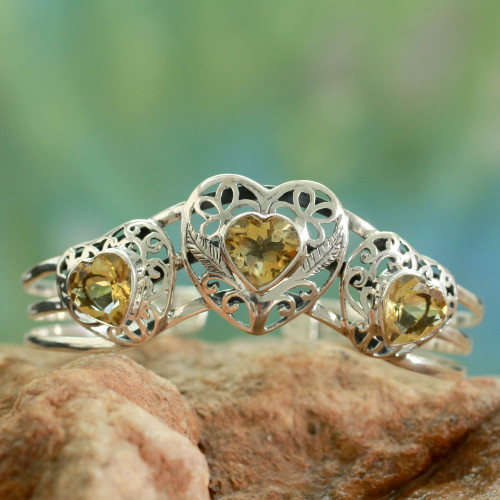 Citrine Hearts in Sterling Silver Cuff Bracelet 'Golden Hearts'