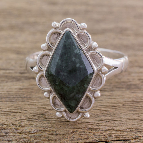 Guatemalan Handcrafted Dark Green Jade Ring 'Dark Diamond Dahlia'