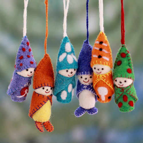 Set of 6 Handmade Wool Ornaments from India 'Babies in Snowsuits'