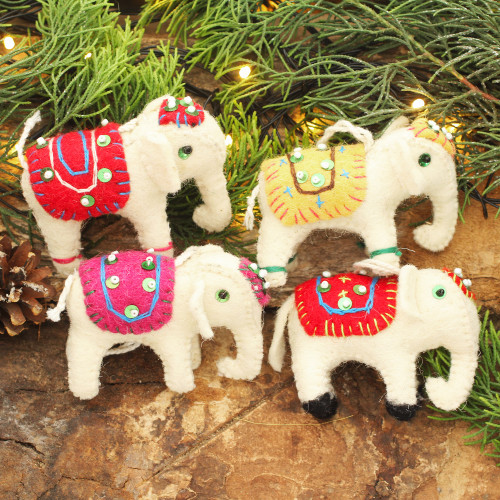 Four Fair Trade White Elephant Ornaments Set 'White Elephants'