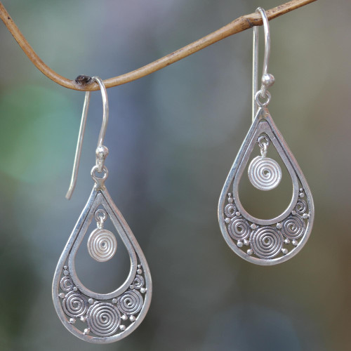 Hand Crafted Sterling Silver Dangle Earrings from Bali 'Whirlpool'