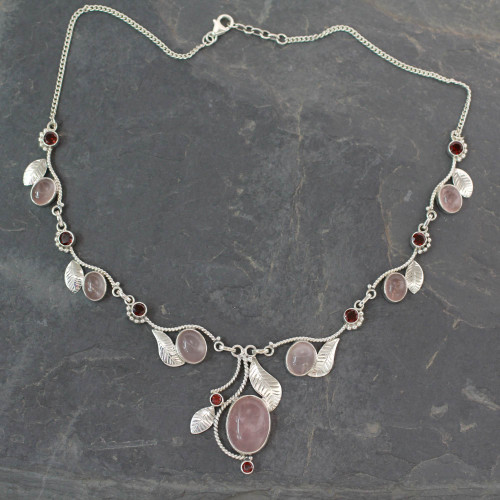 Handmade Necklace Rose Quartz and Garnet from India 'Dew Blossom'