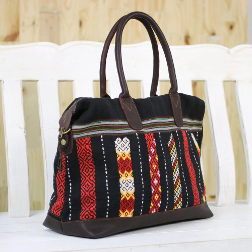 Leather Accent Tribal Cotton Shoulder Bag 'Naga Midnight'