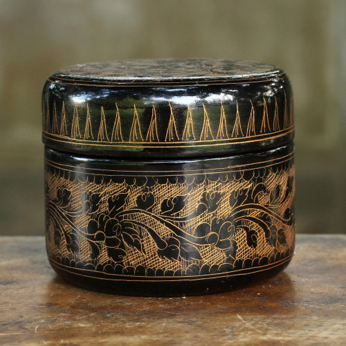 Round Decorative Box Handcrafted Lacquered Wood 'Exotic Golden Flora'