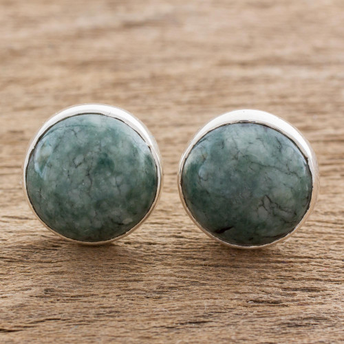 Round Jade Stud Earrings in Sterling Silver 'Harmonious Peace'