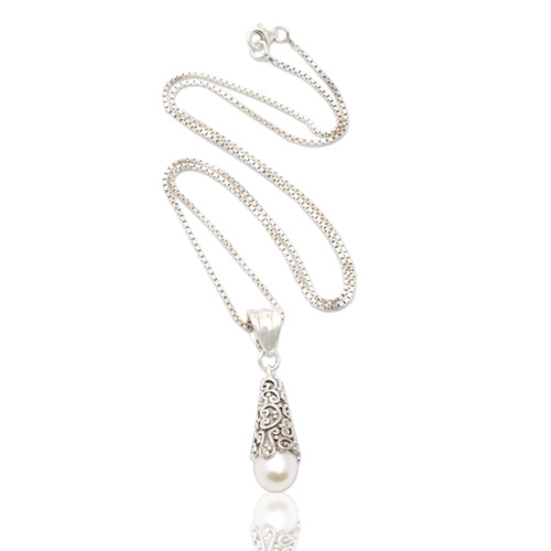 Sterling Silver and White Cultured Pearl Pendant Necklace 'White Arabesque Dewdrop'
