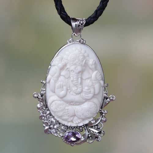 Amethyst and Silver Balinese Lord Ganesha Necklace 'Balinese Lord Ganesha'