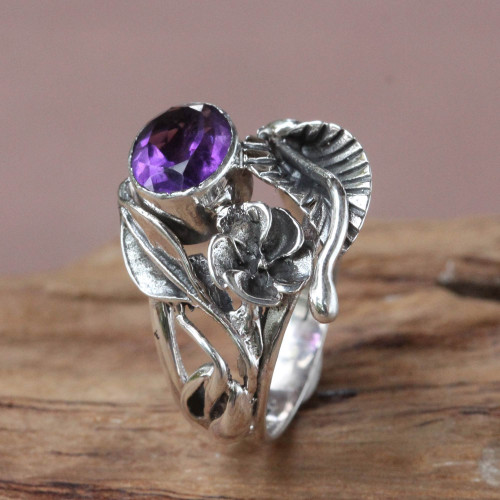Fair Trade Floral Amethyst and Silver Ring 'Frangipani Bouquet'
