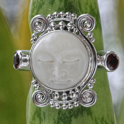 Garnet and Carved Bone Silver Ring 'Moon Dream'