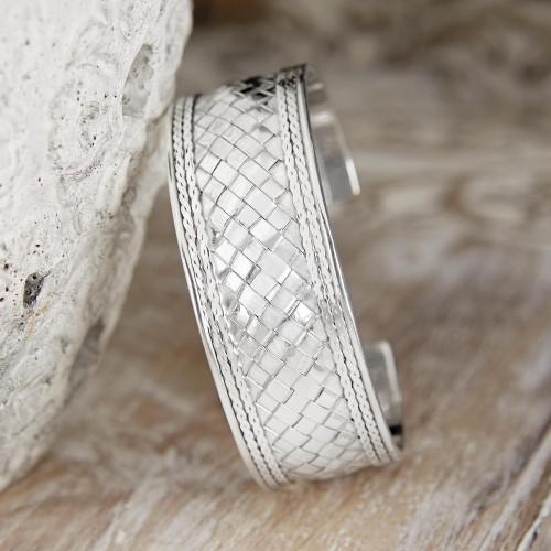 Hand Woven Sterling Silver Cuff Bracelet 'Pandan Weaving'