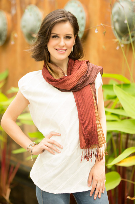 Hand-dyed Silk Scarf from Thailand 'Golden Brown Transition'
