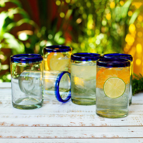 Six Fair Trade Handblown Recycled Juice Glasses Drinkware 'Cobalt Classics'