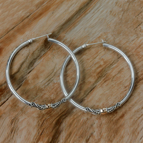 Sterling Silver Hoop Earrings with Golden Accents 'Celuk's Kencana'