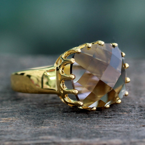 Faceted 4 Ct Smoky Quartz and Vermeil Ring from India 'Spell of Endurance'