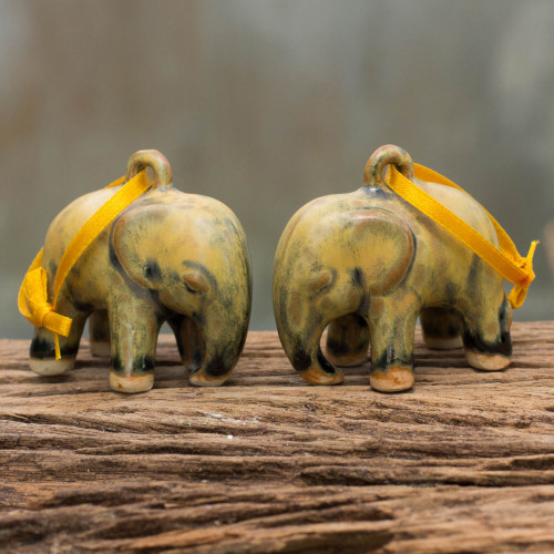 Mottled Yellow Celadon Ceramic Ornaments Pair 'Yellow Elephant'
