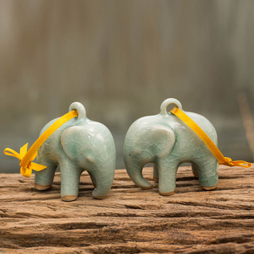 Crackled Green Celadon Ceramic Ornaments Pair 'Light Blue Elephant'